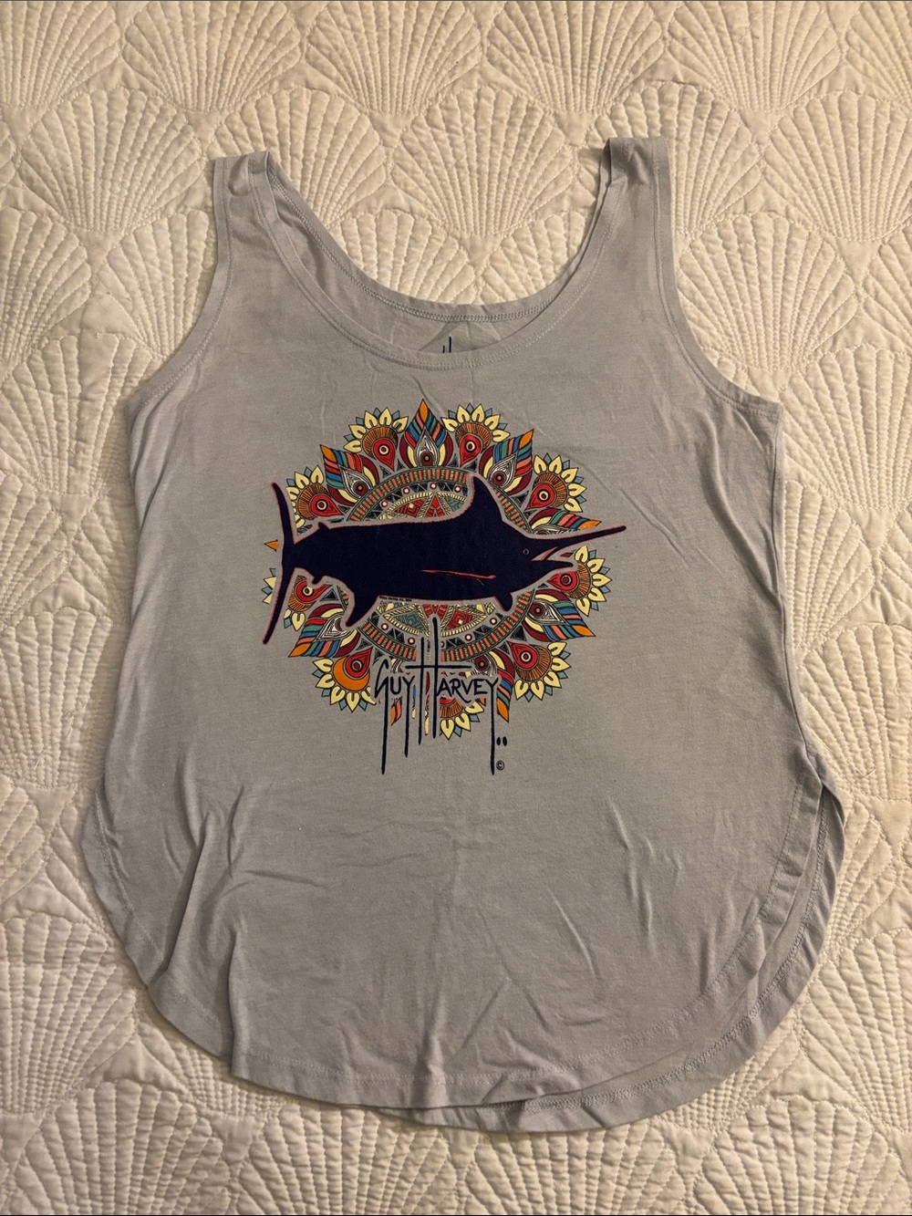 Guy Harvey Gray Tank with Navy Sailfish and Colorful Sunburst